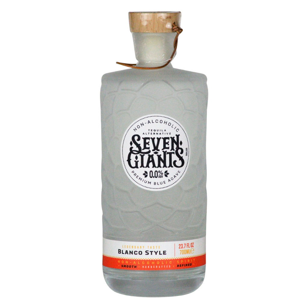Bottle of Seven Giants non-alcoholic tequila on a white background. Booze free Tequila. 100% Alcohol free Tequila. 0.0% Tequila