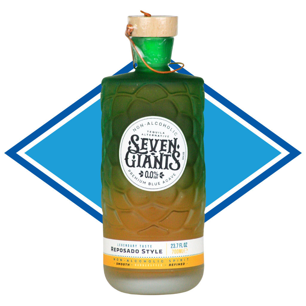 Green bottle labeled 'Seven Giants' on a white background with a blue diamond shape.