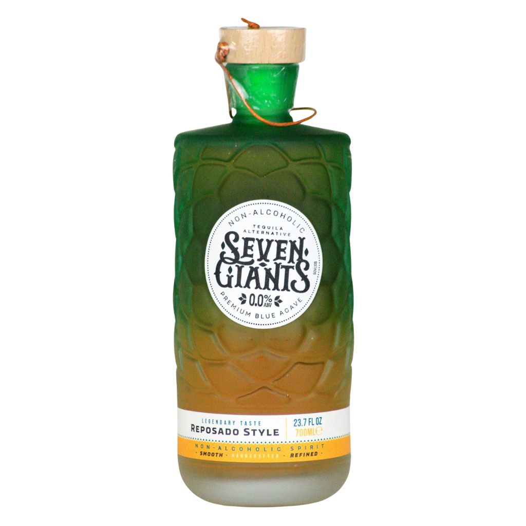 Bottle of Seven Giants Reposado Style  non alcoholic tequila on a white background