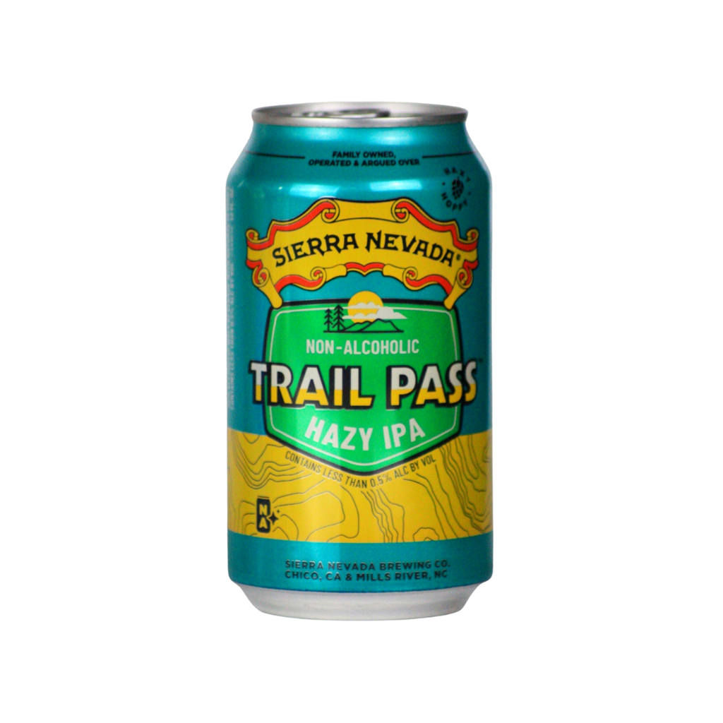 A 12 oz aluminum can of Sierra Nevada Trail Pass Hazy IPA non-alcoholic beer, featuring a teal, green, and yellow label on a plain white background.