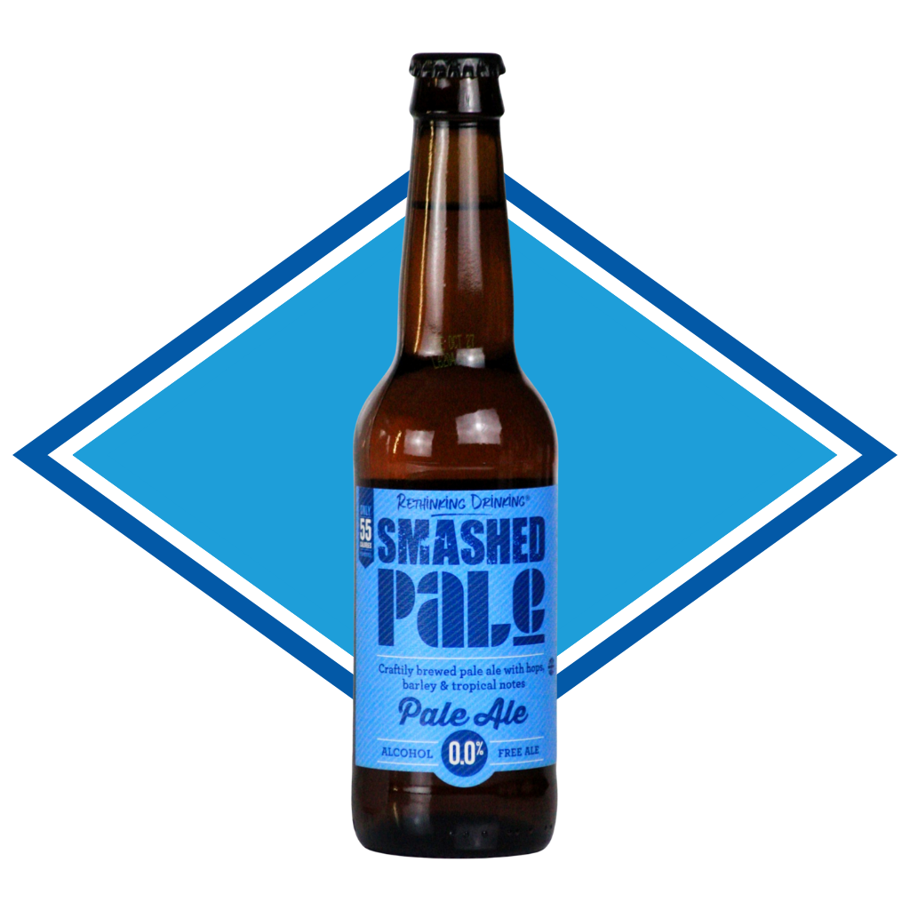 A bottle of Smashed Alcohol Free Pale Ale 0.00% ABV, featuring a blue and white label on a brown glass bottle, set against a blue and white diamond graphic background.