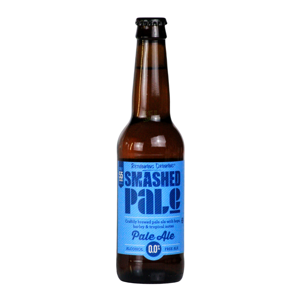 A bottle of Pale Ale by Smashed beers, featuring a blue label with bold white and blue text, set against a plain white background. 0.0ABV Pale Ale only 55 calories for the whole bottle