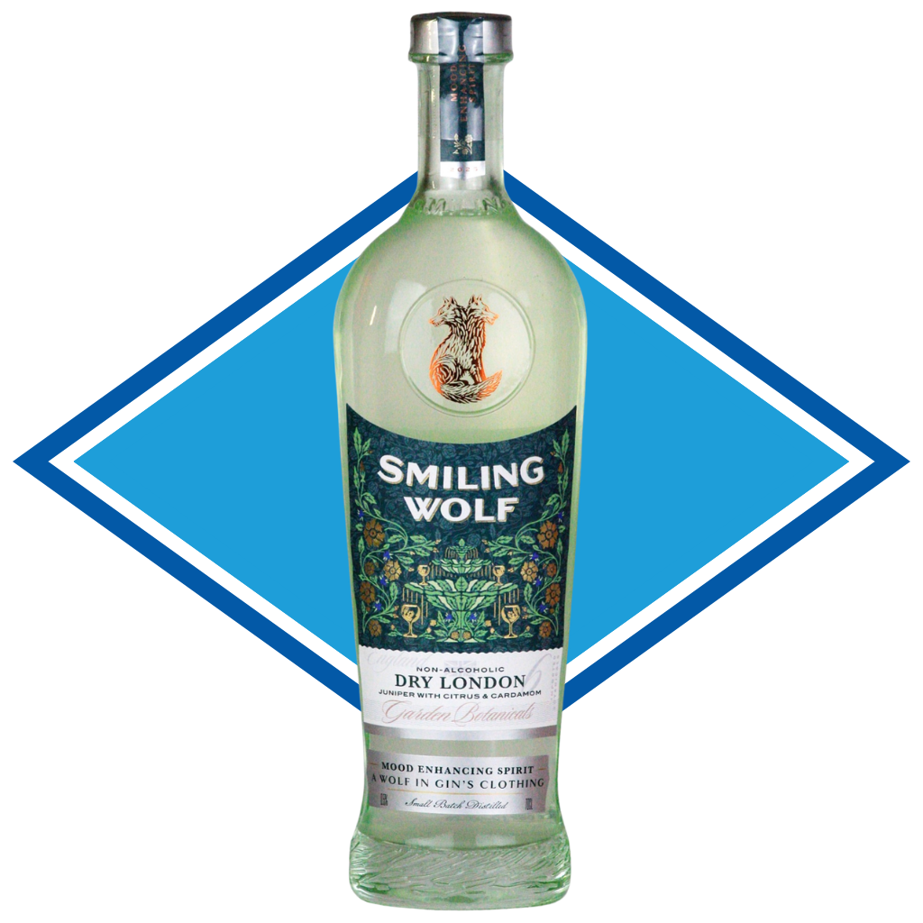 Bottle of Smiling Wolf Dry London Gin with a blue diamond shape behind it