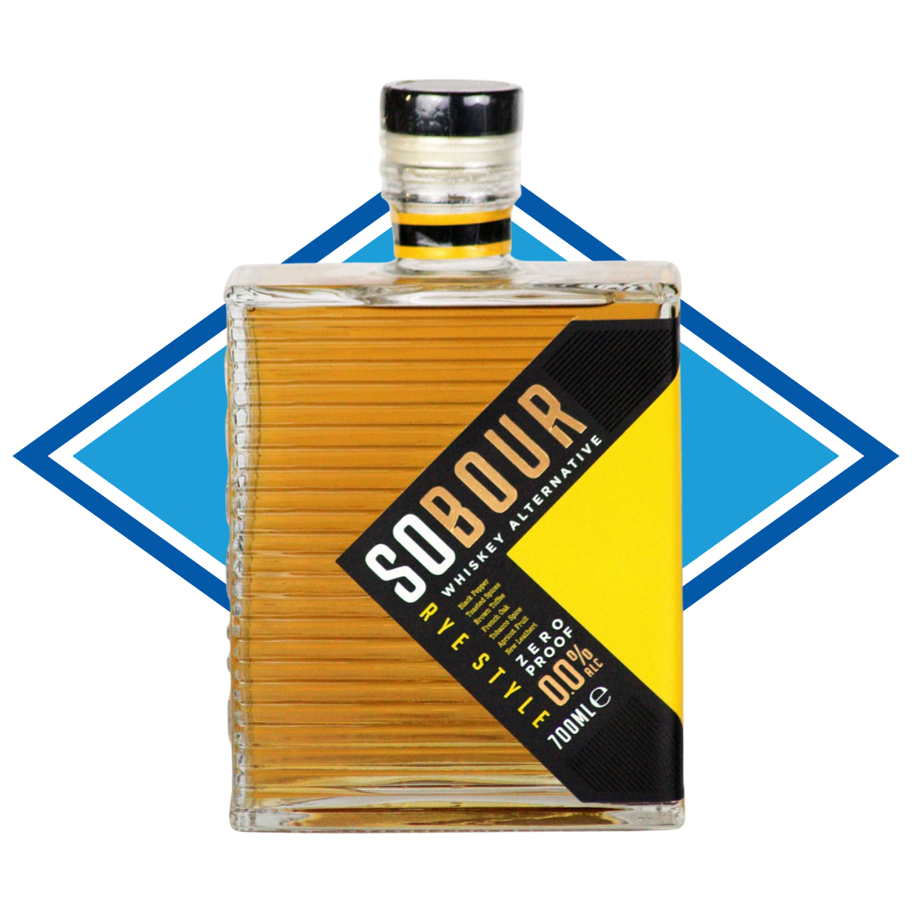 Bottle of Sobour Rye Style Bourbon Alternative product with a blue and white geometric background.