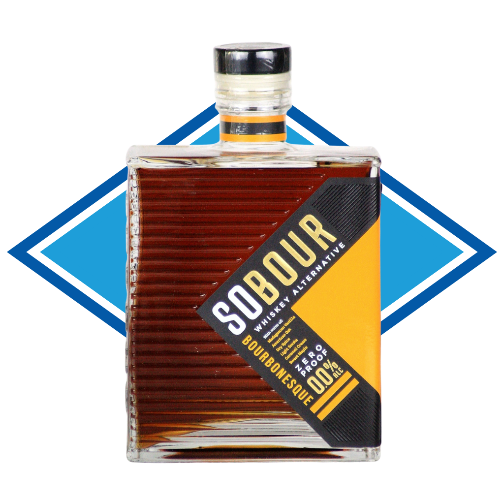 Bottle of Sobour bourbon with a blue and white geometric background