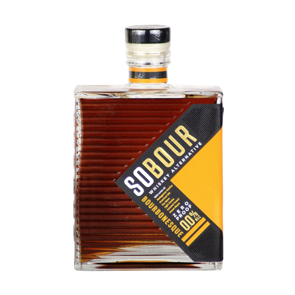 Bottle of Sobour bourbon on a white background. Booze Free Bourbon