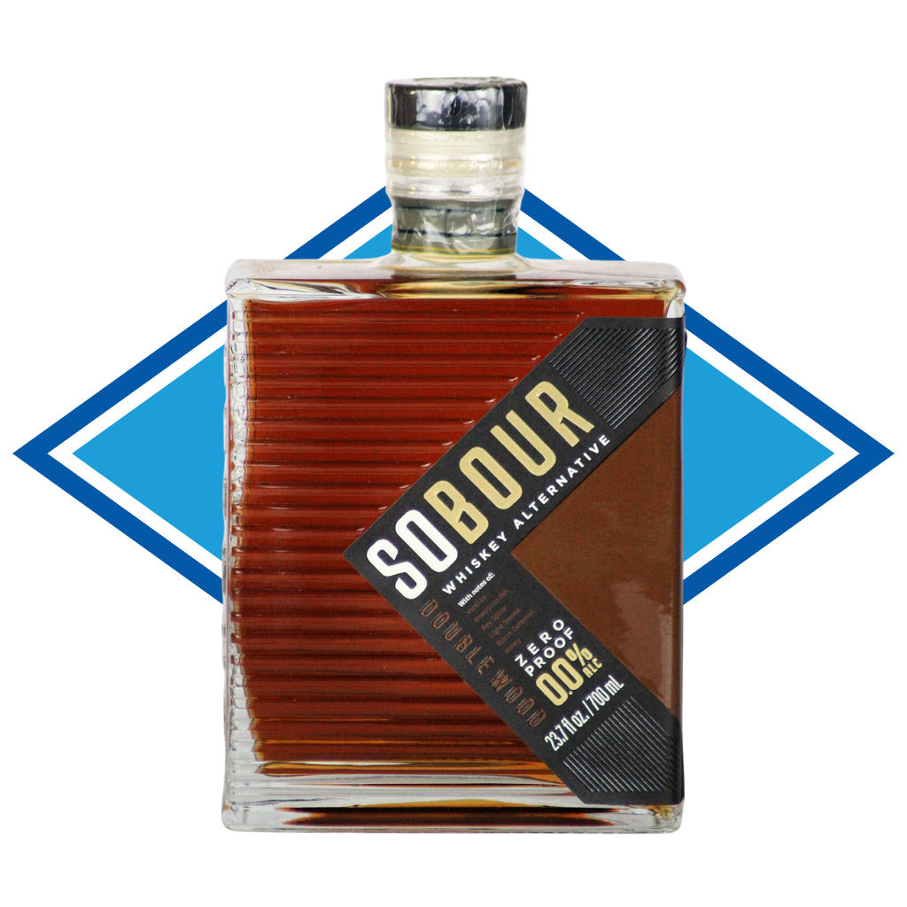 Bottle of Sobour whiskey alternative with a blue and white geometric background