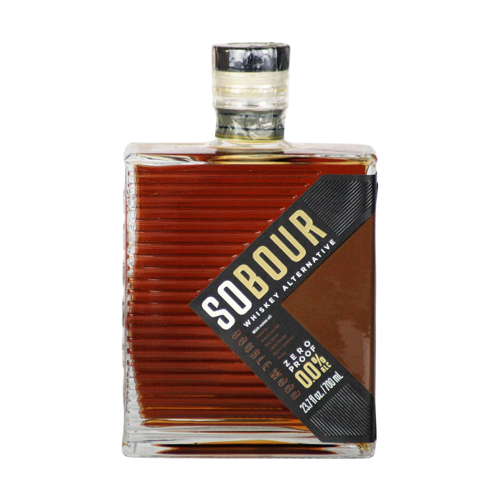 Bottle of Sobour whiskey alternative on a white background. A Very Woody Booze free Bourbon alternative