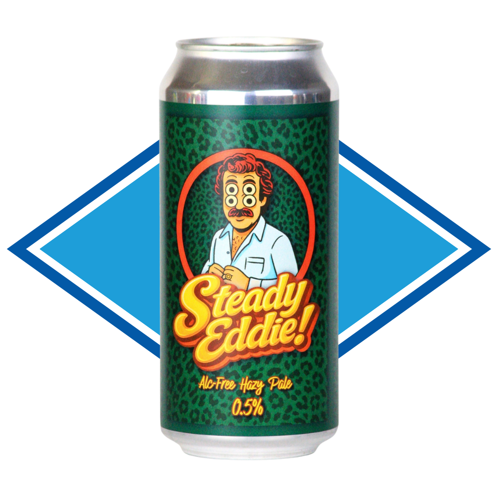 Green can of Steady Eddie in front of the Alcohol Free Drinks Company blue diamond.