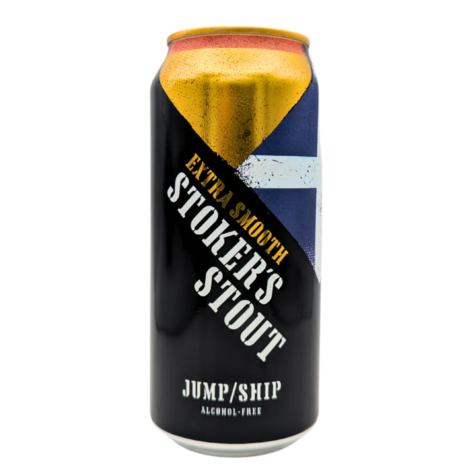 Alcohol-free beer can labeled 'Stokers Stout' on a white background