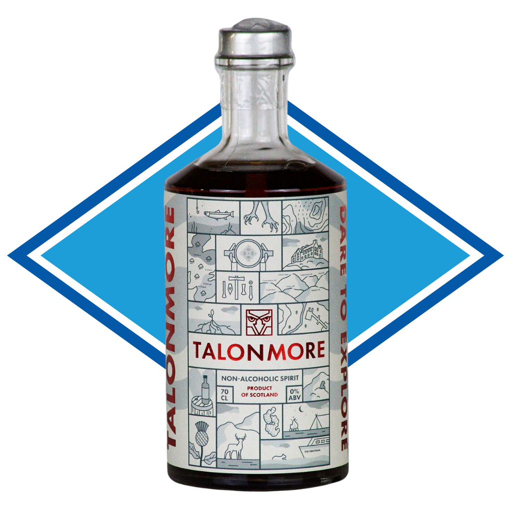 Bottle of Talonmore non-alcoholic spirit with a blue diamond shape behind it
