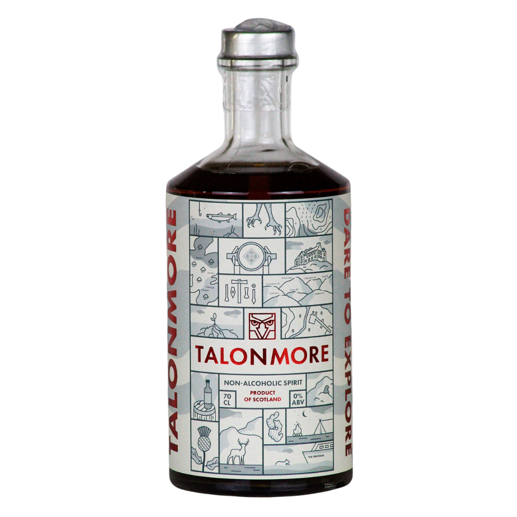 Bottle of Talonmore non-alcoholic spirit on a white background