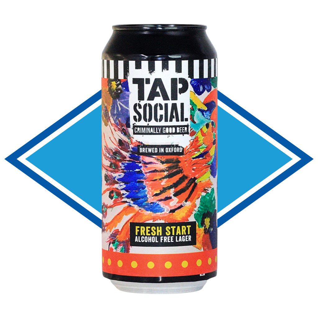 Multicoloured can of Fresh Start in front of the Alcohol Free Drinks Company blue diamond. TAP Social - Fresh Start - Alcohol Free Lager 440ml can 0.5% ABV