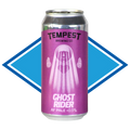 A non alcoholic beer can from Tempest Brewing Co. featuring a bright magenta-purple label with a white ghost illustration and the text 'GHOST RIDER AF PALE <0.5%
