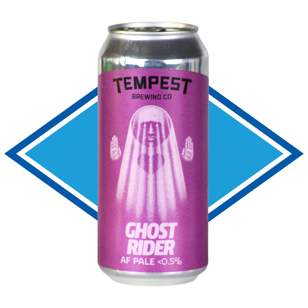 A non alcoholic beer can from Tempest Brewing Co. featuring a bright magenta-purple label with a white ghost illustration and the text 'GHOST RIDER AF PALE <0.5%