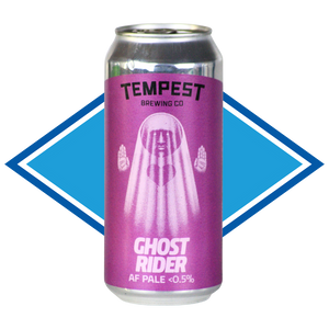 A non alcoholic beer can from Tempest Brewing Co. featuring a bright magenta-purple label with a white ghost illustration and the text 'GHOST RIDER AF PALE <0.5%