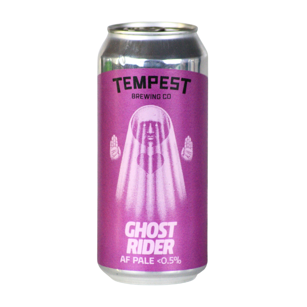 A 12 oz aluminum Alcohol Free craft beer can from Tempest Brewing Co. featuring a vibrant magenta-purple label with a white ghost graphic and the text 'GHOST RIDER AF PALE <0.5