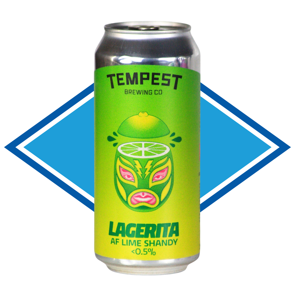 A single can of Tempest Brewing Co Lagerita AF Lime Shandy beer, featuring a bright lime green label with a stylized lime and mask graphic, set against a blue diamond-shaped background on a white canvas.