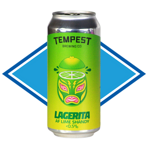 A single can of Tempest Brewing Co Lagerita AF Lime Shandy beer, featuring a bright lime green label with a stylized lime and mask graphic, set against a blue diamond-shaped background on a white canvas.