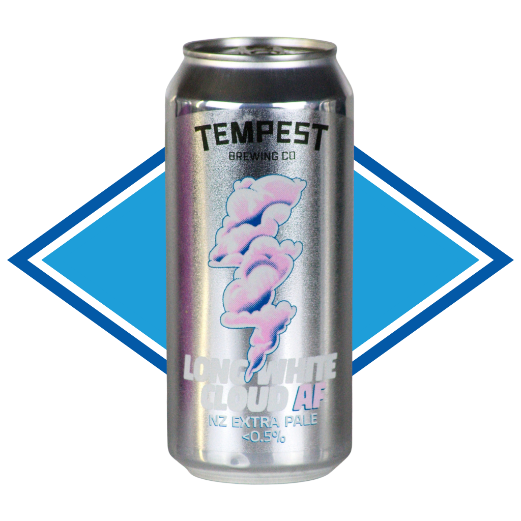A silver aluminum can of Tempest Brewing Co Long White Cloud AP NZ Extra Non Alcoholic Pale Ale 0.5% ABV, featuring a pink and blue cloud graphic on the front, set against a blue and white diamond-shaped graphic on a white background.