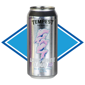 A silver aluminum can of Tempest Brewing Co Long White Cloud AP NZ Extra Non Alcoholic Pale Ale 0.5% ABV, featuring a pink and blue cloud graphic on the front, set against a blue and white diamond-shaped graphic on a white background.