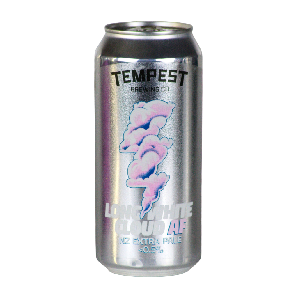 A silver aluminum can of Tempest Brewing Co Long White Cloud AP NZ Extra Pale 0.5% ABV, featuring a pink and blue cloud graphic on a white background.
