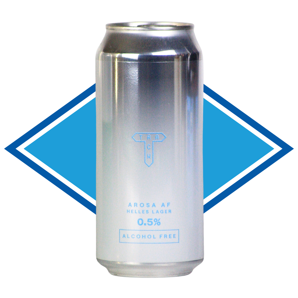 A tall aluminum can of Arosa AF Heller Lager alcohol-free beer, featuring a metallic silver body with light blue text and logo, set against a blue and white diamond graphic background.