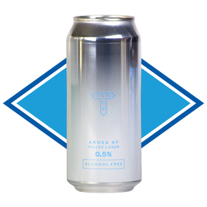 A tall aluminum can of Arosa AF Heller Lager alcohol-free beer, featuring a metallic silver body with light blue text and logo, set against a blue and white diamond graphic background.