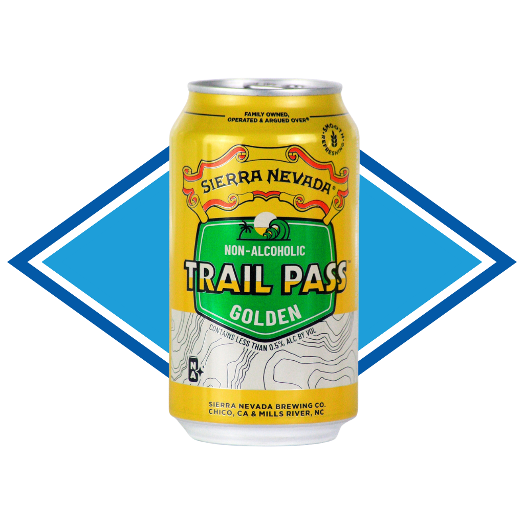 Can of Sierra Nevada Trail Pass in front of the Alcohol Free Drinks Company blue diamond. 