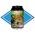 A single can of Schmaltz Brew Co. Tropicull beer centered on a blue and white diamond-shaped graphic background.