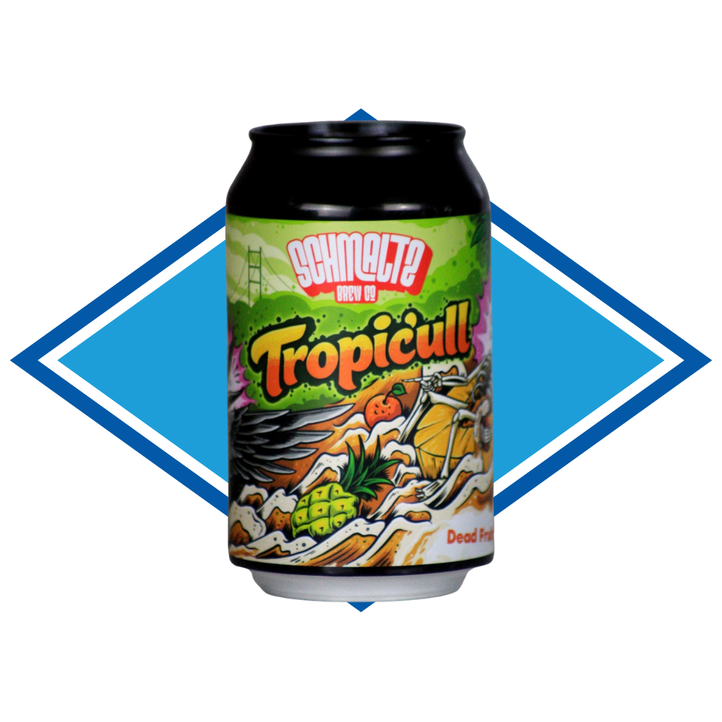 A single can of Schmaltz Brew Co. Tropicull beer centered on a blue and white diamond-shaped graphic background.
