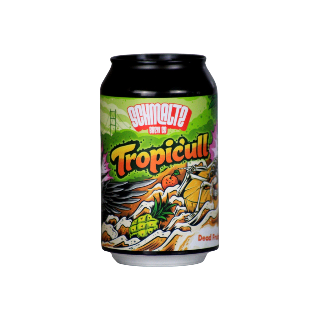 A single can of Schmaltz Brew Co. Tropicull beer, featuring a colorful tropical graphic label with a pineapple, orange, and waves, on a solid white background.