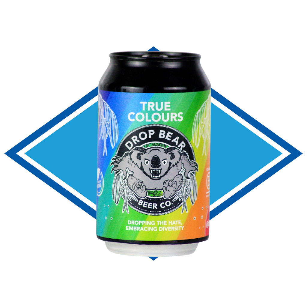 Can of True Colours in front of The Alcohol Free Drinks Company blue diamond.