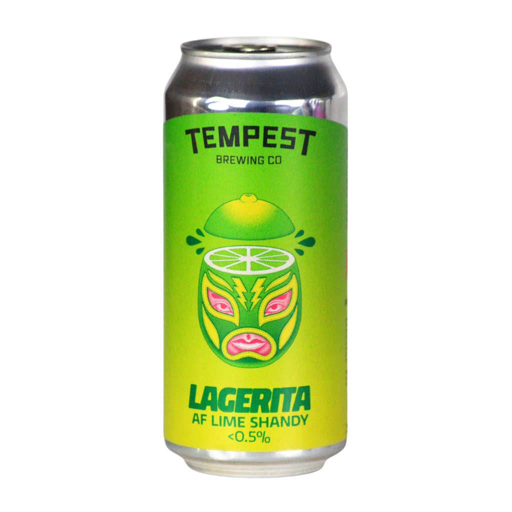 A 16 oz aluminum can of Tempest Brewing Alcohol Free Beer Lagerita AF Lime Shandy, featuring a bright lime green label with a colorful mask illustration and silver metal top and bottom.
