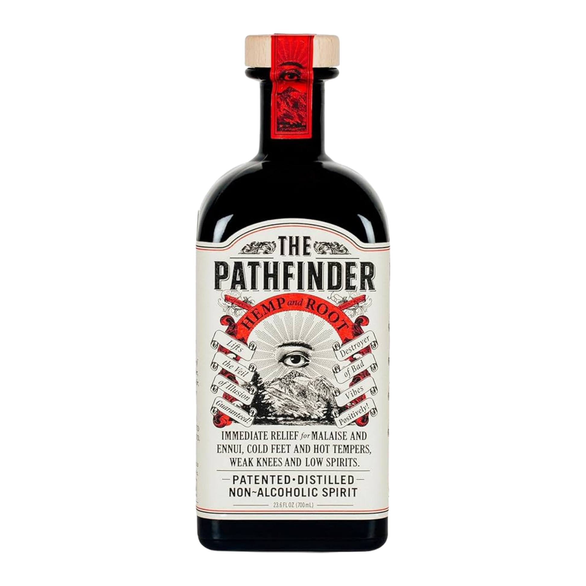 Bottle of 'The Pathfinder' non-alcoholic spirit with a white background Fermented & distilled seeds, Wormwood, Angellica root, Ginger, Sage, Saffron, Orange peel and wild-crafted Douglas-fir 