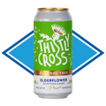 A single can of Thistly Cross Elderflower Scottish Cider on a white background with a blue diamond graphic behind it. The can has a bright green label with white text and a thistle illustration, a gold top, and a white lower section with blue text.