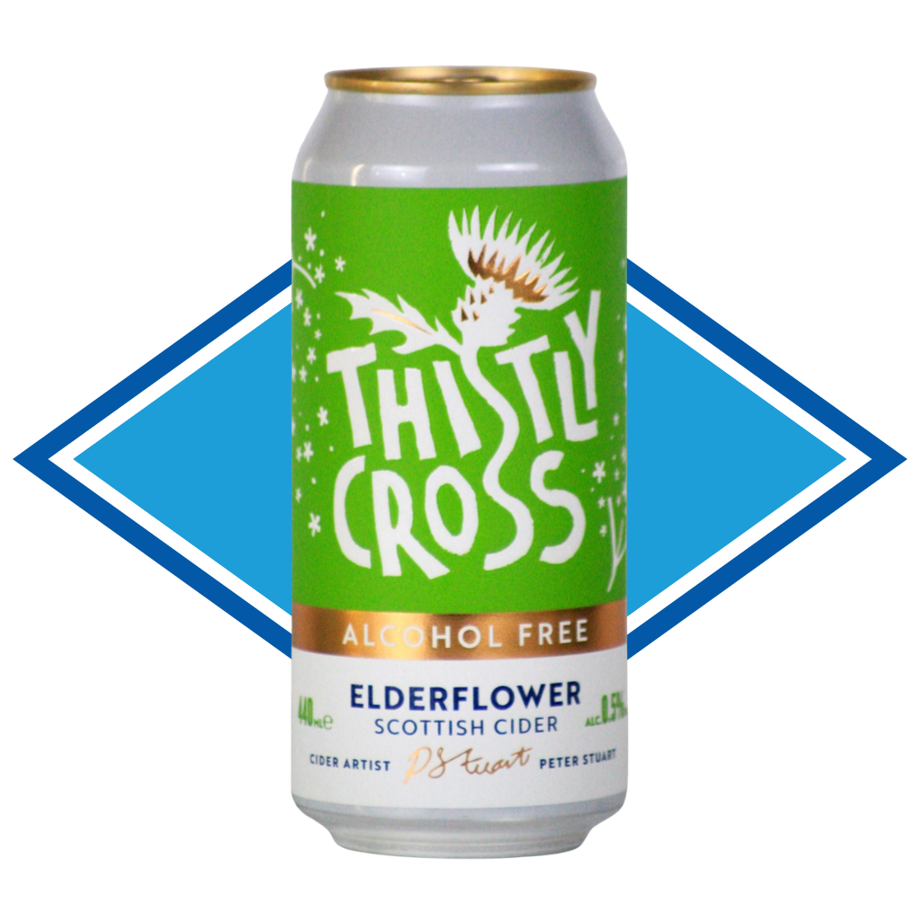 A single can of Thistly Cross Elderflower Scottish Cider on a white background with a blue diamond graphic behind it. The can has a bright green label with white text and a thistle illustration, a gold top, and a white lower section with blue text.