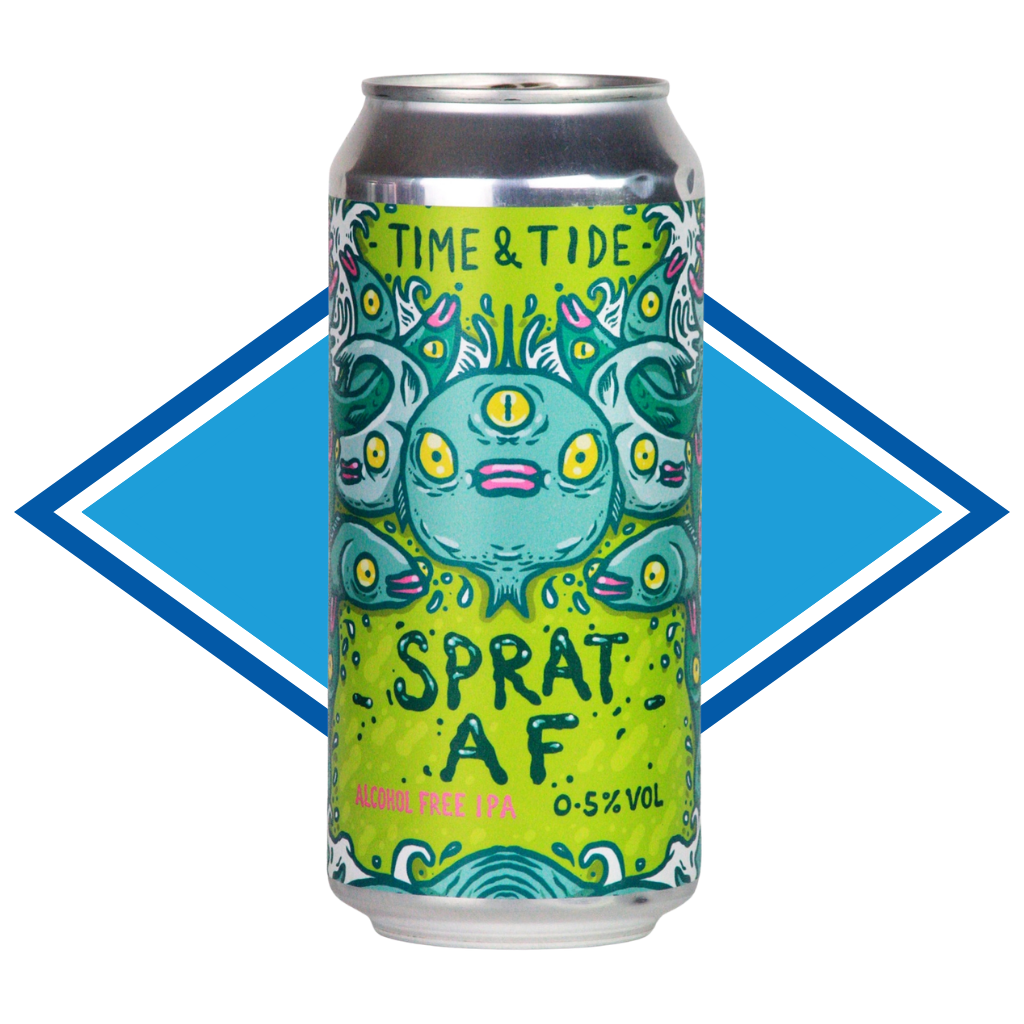 Can of Sprat in front of The Alcohol Free Drinks blue diamond.