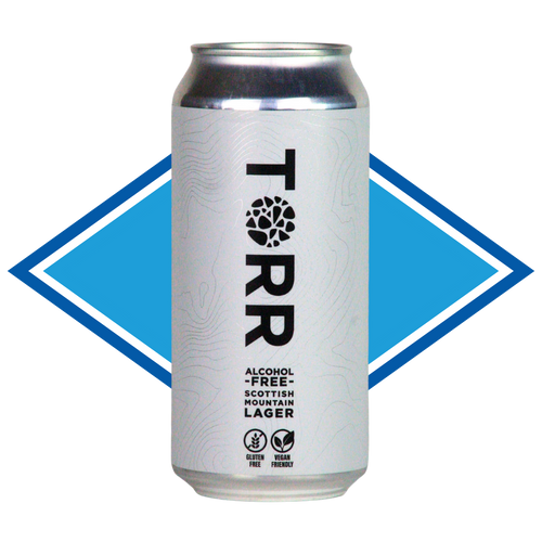 Can of TORR Scottish Lager in front of the Alcohol Free Drinks Company blue diamond. 