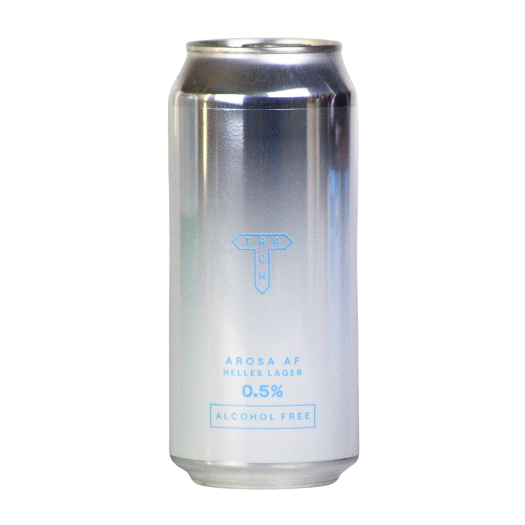 A silver aluminum can of Track AROSA AF Helles Lager, 0.5% Alcohol Free, featuring a light blue logo and text on a clean white background.
