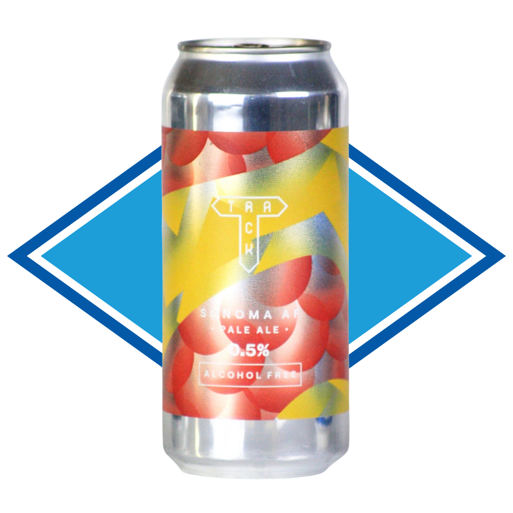 A silver aluminum can of Track Sonoma Pale Ale 0.5% Alcohol Free, featuring a colorful label with red, yellow, and blue abstract shapes, set against a blue and white diamond graphic on a white background.