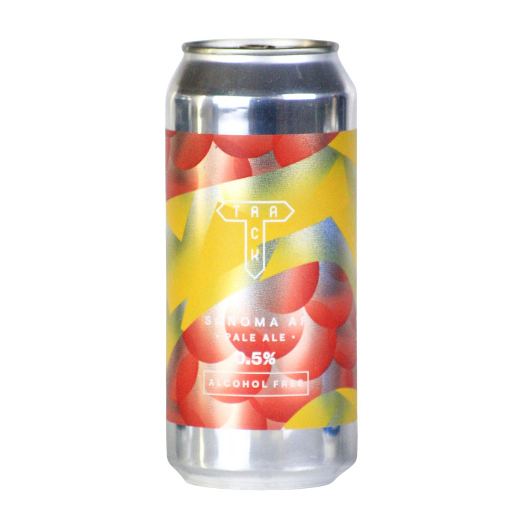 A 440ml aluminum can of Track Sonoma AF Pale Ale 3.5% Alcohol Free, featuring a vibrant yellow and red abstract label design, isolated on a white background.