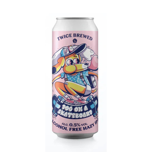 Alcohol-free beer can with cartoon dog design on a white background called Dog on a Skateboard by Twice Brewed Brewery