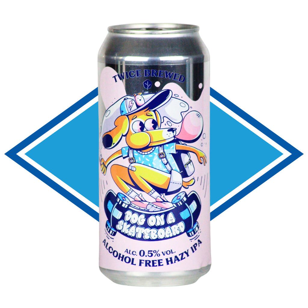 A Pink Can of Alcohol Free Beer with a cartoon of a Dog on a Skateboard