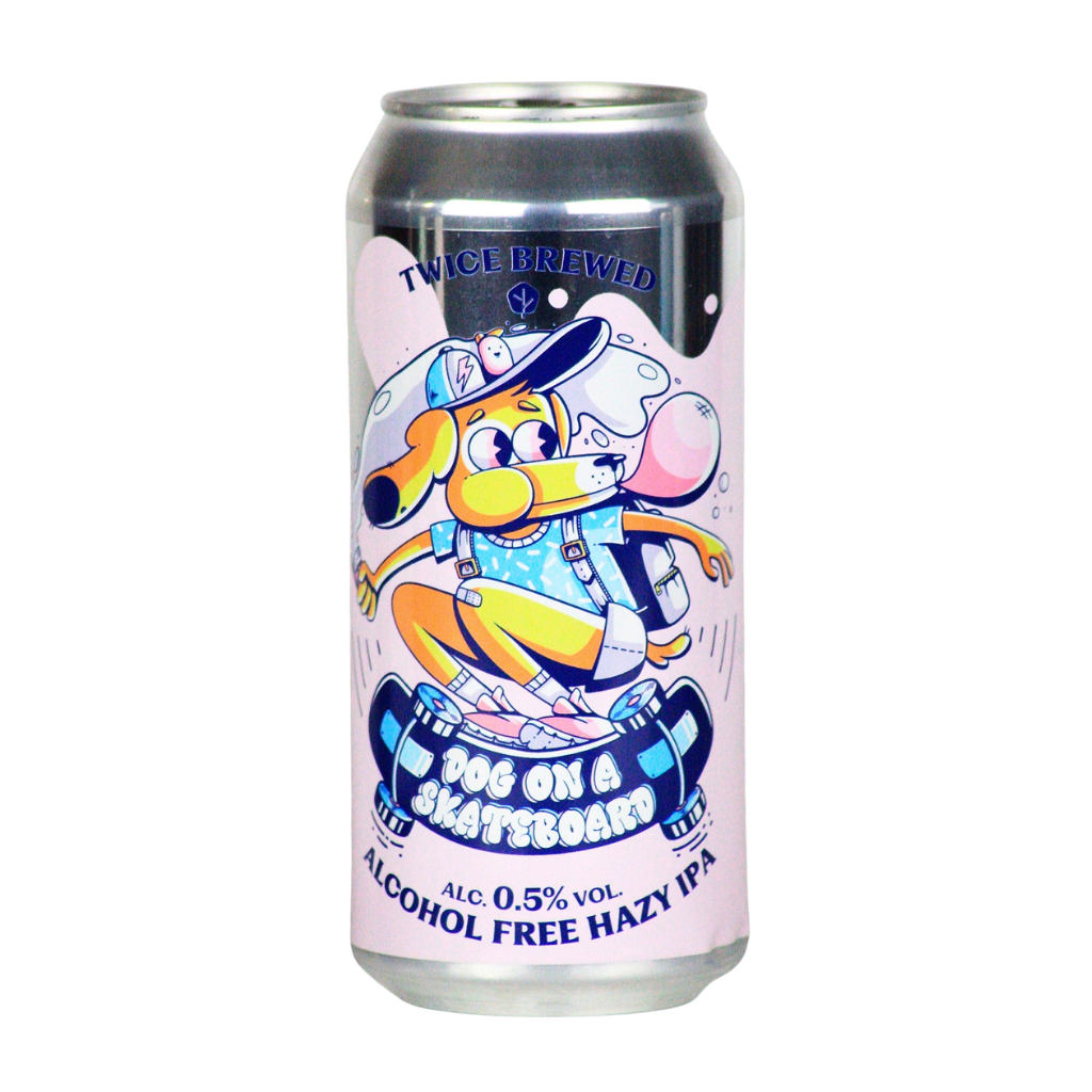 Alcohol-free hazy IPA can with cartoon character on a white background