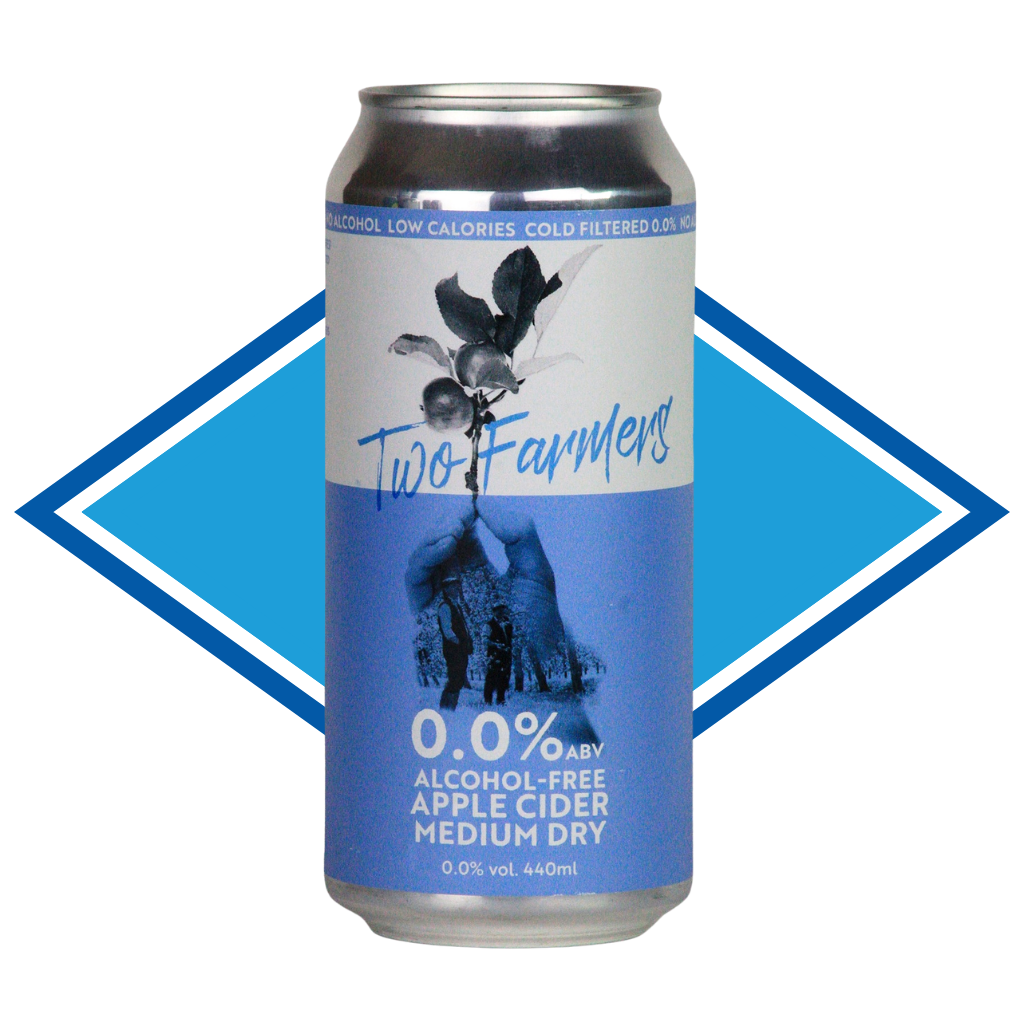 Can of Two Farmers Cider in front of the Alcohol Free Drinks Company blue diamond. 