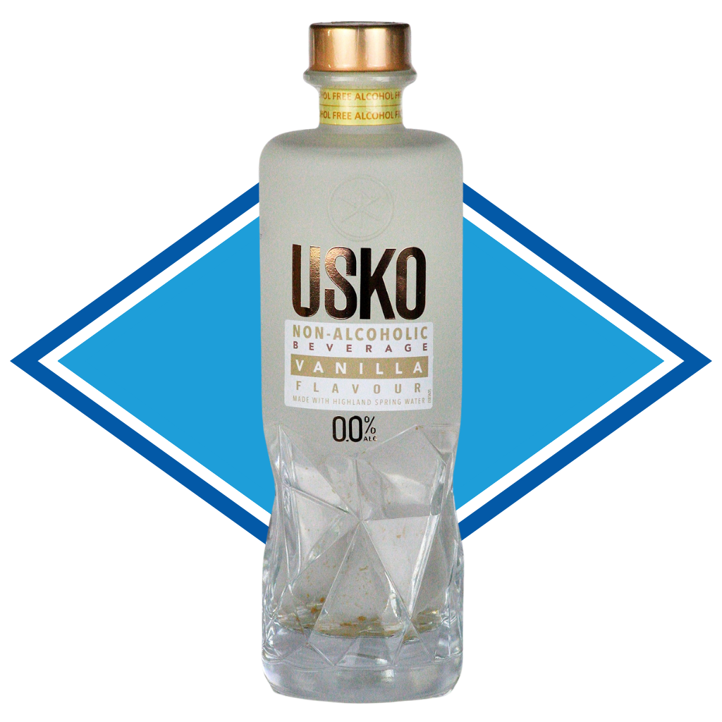 Clear non-alcoholic beverage bottle with gold cap and 'USKO' label on a white background