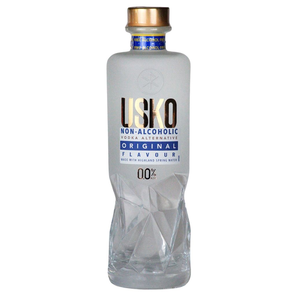 Clear bottle of Lisko non-alcoholic vodka alternative on a white background