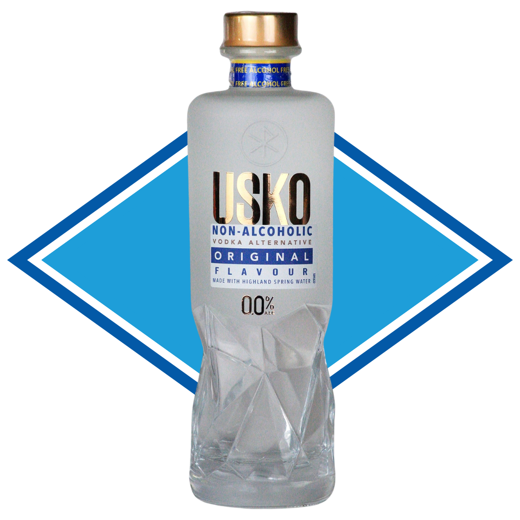Clear bottle of Usko non-alcoholic vodka with a gold cap on a white background