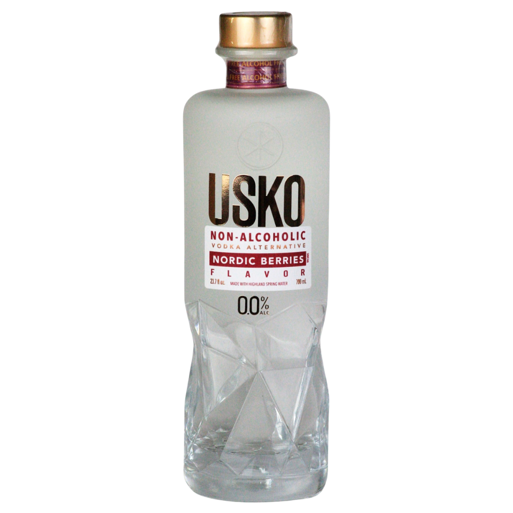 USKO non-alcoholic Nordic Berries flavor bottle on a white background. Booze Free Vodka